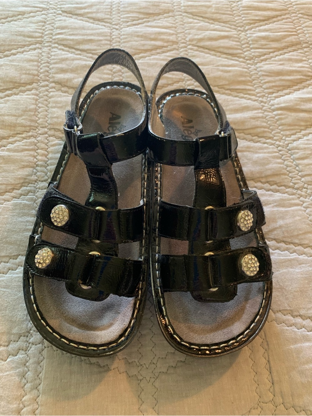 Alegria Kleo Women’s Black Patent Leather Sandals Rhinestone Accents Size 39